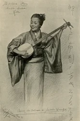 三味線を弾く女性、めんたきの滝、神戸、日本、1898年。
