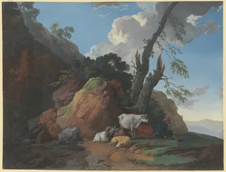 羊飼い、2頭の雌牛、2頭の羊、1頭の山羊のいる岩場の風景