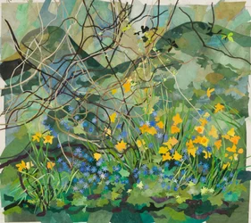 Cornerways Garden Daffodils and Blue Anemonies, 2013（水彩絵の具で描いた紙のコラージュ）