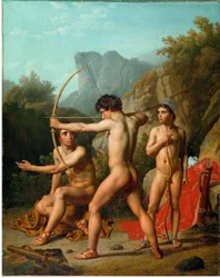 アーチェリーの練習をする3人のスパルタ少年
