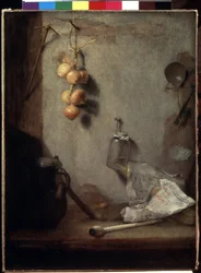""Still life"" (Still life) タマネギ、キッチン テーブル、ガラス瓶"" クリストファー・パウディス作 (1630-1666) 1660 Dim. 62x46.5 cm エルミタージュ美術館、サンクトペテルブルク