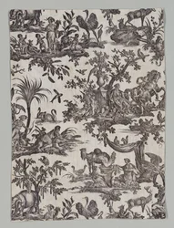 レ キャトル パーティー デュ モンド デザインの銅版画プリント コットンの断片、1788 年。