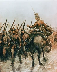 1914年、前線を行進するフランス歩兵を追い越すベルギー・ガイド隊のランサー（カラーリトホ