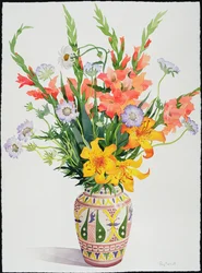 モロッコの花瓶（wc）のオレンジと青の花