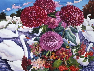 白鳥と菊」2005年（水彩・紙