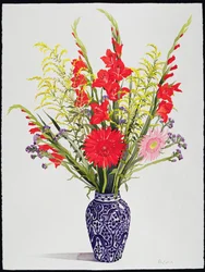 青いモロッコの花瓶（wc）のタイガーユリ、グラジオラス、疥癬