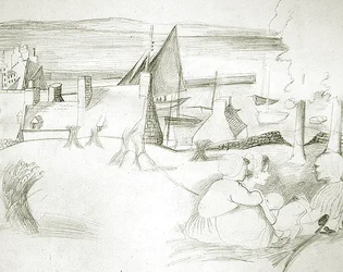 ブルトン島の漁村、1929-30年頃（紙に鉛筆）