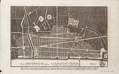 1666年の大火後のロンドン市の平面図（印刷物）