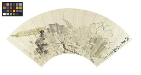 蓮の花と葉（紙の上にインクと明るい色）