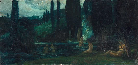 ドイツ語：夕暮れの南の風景の中で入浴する女性たち