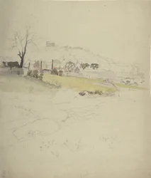 町のはずれにある炭鉱の眺め、1840～49 年。