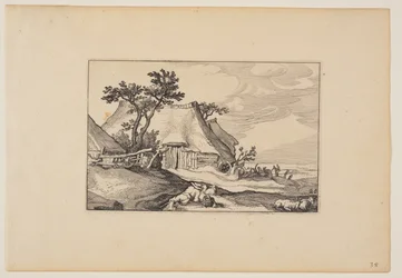 納屋、手前に卵の入った籠を持った休息する男、風景画より（Verscheyden aerdige Lanthuysen...）