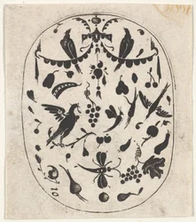 鳥、昆虫、果実を描いた楕円形の黒刺繍版画、1620年頃