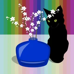 花と黒猫のいる青いガラスの花瓶