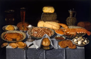 蟹、海老、ロブスターのある静物」 ピーテルス、クララ（1594-1658）、約1637-1640年 - 木に油彩、70,8x108,9 - ヒューストン美術館（Museum of Fine Arts, Houston