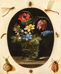 昆虫とカタツムリに囲まれた花のある静物画