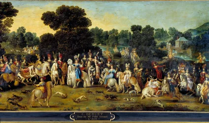 4つの要素。"Air"。お城の公園での狩猟シーン。詳細クロード・デルエ(1588-1662)の絵画 1641年 日1,14x2,58 m オルレアン、ミュゼ・デ・ボザール