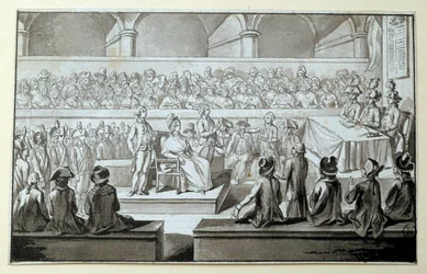 革命裁判所の前のフランス女王マリー・アントワネット: 1793 年 10 月 14、15、16 日 彼の訴訟で弁護した弁護士は、クロード・フランソワ・ショヴォー・ラガルド (1756-1841) です。 黒インクで描く 0,097x0,15m。 パリ、ルーブル美術館