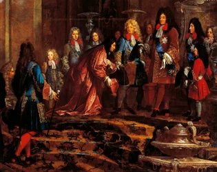 1685年5月にジェノバのドージェから提出物を受け取るルイ14世、クローデ・ギー・ハレ（1652年～1736年）作、1710年頃（油彩・キャンバス