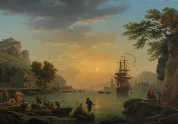 "Paysage au coucher de soleil avec retour de peche" (漁師が獲物を持って戻ってくる夕暮れの風景) Peinture de Claude Joseph Vernet (1714-1789) 油彩・キャンバス 1773 Dim 114,5x164 cm National Gallery, Londres