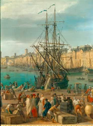 18世紀のマルセイユ港 貨物の荷揚げを表すディテール。ジョセフ・ヴェルネ（1714-1789）による18世紀のパリの絵。海洋博物館