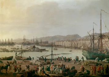 トゥーロンの港の眺め 詳細、旧港、店の海岸から撮影した眺め。ジョセフ・ヴェルネ（1714-1789）による絵画1756年。パリ、海洋博物館 - トゥーロンの海港の眺め。詳細。ジョセフ・ヴェルネ（1714-1789）による絵画、油彩・キャンバス