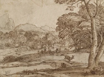 鹿の群れのいる風景、1666年（黒チョーク、こすり、ペンと茶色のインクで汚れたオフホワイトの紙に塗った）