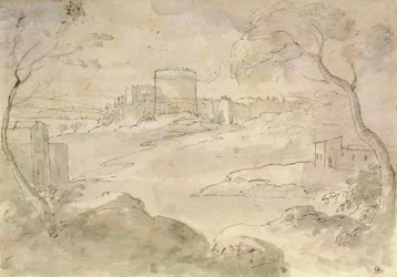 要塞化された町のある風景（紙にインク＆ウォッシュ）