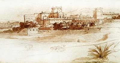 イタリアの小さな町の眺め、1630年頃（ペンとウォッシュ）