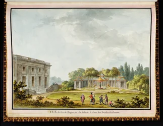 リチャード・ミケ（1728-94）によるプチトリアノン宮殿からのリングゲーム、そのギャラリー、城のファサードの1つを見る