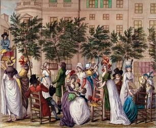 管理委員会の下でのファッション。"Le petit Coblenz」、パリのプロムナードBoulevard des Italians。Claude Louis Desrais (1746-1816)によるリトグラフ 1798年。パリ、カルナヴァレ美術館