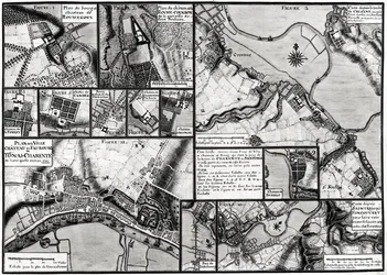 Fol.7＆98 1714年にシャレンテ川沿いに位置する町とシャトーの地図、サントンジュ広場から（ペン＆インク、紙にトイレ）