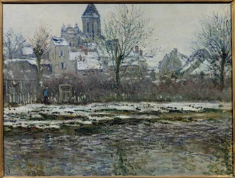 ヴェトゥイユの雪の影響」または「ヴェトゥイユの教会、雪」 クロード・モネ（1840-1926）の絵画 1878/79年。薄暗い。0,53 x 0,71m。パリ、オルセー美術館（Musee d