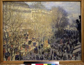 「Le boulevard des Capucines」パリのオペラ地区の通行人や交通の群れ。 クロード・モネ (1840-1926) の絵画。 キャンバスに油彩。 印象派。 1873. Dim. 61x80 cm プーシキン美術館、モスクワ