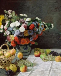 花と果物のある静物。 1869