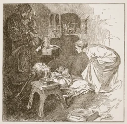 「ベッドの死」、HDM Spence-Jonesによる「イングランドの教会：人々の歴史」のイラスト、パブ。 1910年頃（セピア写真）