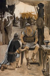 Priam rachete has Achilles the body of his son (Hector). Illustration by Clement Gontier (1876-1918) for Homere