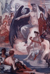 トロイの木馬やギリシア人を救出するジュピターの防衛。 クレメント ゴンティエ (1876-1918) によるホメレの「イリアス」 (オメロ) の挿絵。 パリ、アンリ・ローレンス