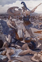 パトクレスの死: ヘクターがパトクレスを殺す。 クレメント・ゴンティエ (1876-1918) によるホメレの「イリアス」 (オメロ) の挿絵。 パリ、アンリ・ローレンス