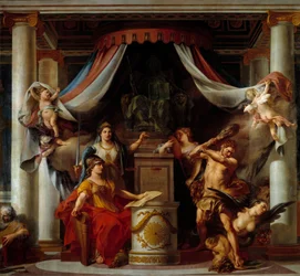 革命のアレゴリー：中央でミネルヴがヘラクレスに手渡しているのは、アンシャンレジームの悪徳を廃止する令状。3,56x3,86 m