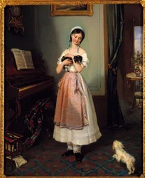 2 匹の犬とブルジョアのインテリアで若い女の子。 Clementine de Bar (1807-1856) による絵画 19 世紀のパリ、ギャラリー ガロッシュ