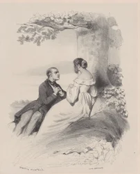 顔が髪で隠れている女性にプロポーズする男性, ca. 1830～65年。