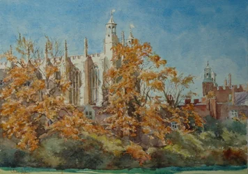カレッジ・チャペル-紅葉、2010年（水彩画）
