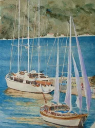 大型ヨット - コルチュラ島、2010年（水彩画）