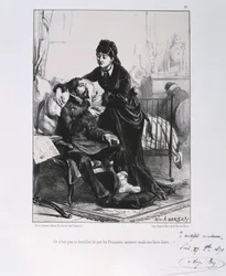普仏戦争1870-1871。看護と栄養補給を受ける負傷した兵士。Clement August AndrieuxがGardes Nationalesに描いた一連のリトグラフより。