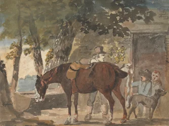 Um cavalo, cachorro e figuras fora de uma casa de campo
