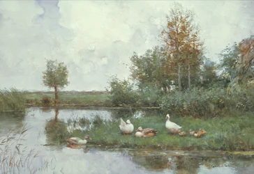 川の風景の中のアヒル（キャンバスに油彩）