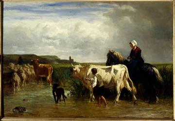 Le passage du gue コンスタン・トロヨン（1810-1865）の絵画 19世紀 日1,15x1,65 m パリ、ルーヴル美術館。