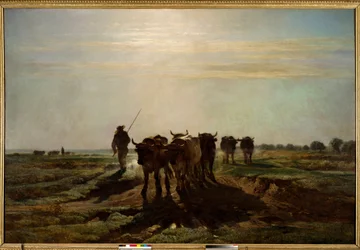 耕作に向かう牛たち、朝の効果 コンスタン・トロヨン（1810-1865）の絵画 1855年 日。2,6x4 m パリ、オルセー美術館。