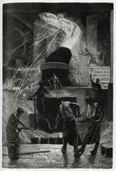 スランのコッカリル工場における鋼の鋳造。作家・美術評論家カミーユ・ルモニエ（1844-1913）による物語「ベルギー」の挿絵のためのC. ムニエによる版画。
